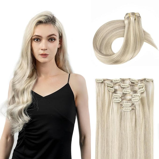 Clip in Hair Extensions Real Human Hair, Remy Hair Extensions Clip In Human Hair Thick and Silky, Ash Blonde Highlighted Platinum Blonde #P17A/60A 22Inch 120G 7PCS