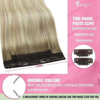 YoungSee Wire Hair Extensions Human Hair Ombre Blonde Wire Hair Extensions for Women Real Human Hair Balayage Ash Blonde Ombre Platinum Blonde Human Hair for Damaged Hair Repair 80G 14Inch