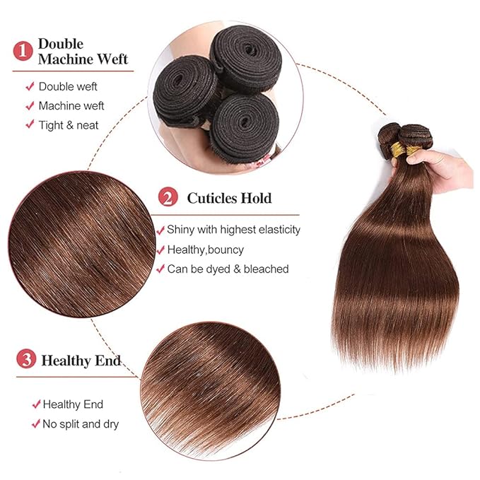Brown Human Hair Bundles Dark Brown Straight Bundles 16 18 20 Inch Niegmeag Double Weft Color 4 Bundle Peruvian Virgin Remy Hair Extensions 150g