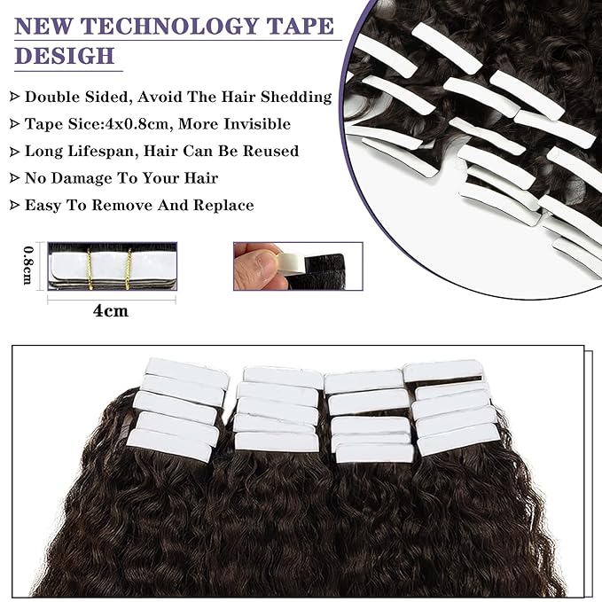 Anrosa Human Hair Tape-in Extensions - Darkest Brown Jerry Curly 3B 3C Kinky Curly for Black Women - 18 Inch, 50g, 20pcs