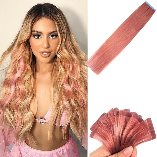 Rose Gold Pink Tape in Hair Extensions Human Hair Invisible 18 Inch Silky And Soft Tape in Human Hair Extensions for Girls