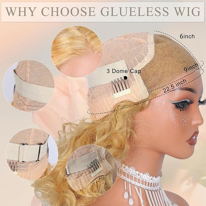 QNQZ Honey Blonde Curly Wig Human Hair 14 inch 9x6 HD Glueless Lace Front Honey Blonde Deep Wave Curly Wear and Go Glueless Wigs Human Hair Pre Plucked Pre Cut 200% Density #27 Colored for Women