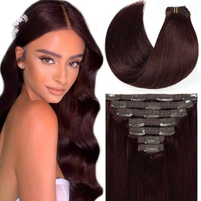 Loxxy Hair Extensions Seamless Clip in Human Hair 9A Grade Brazilian Human Hair Extension Silky Straight Natural Hair Extensions Clip in Full Head Human Hair Red Wine #99J 7pcs 16 Clips 16Inch 120G