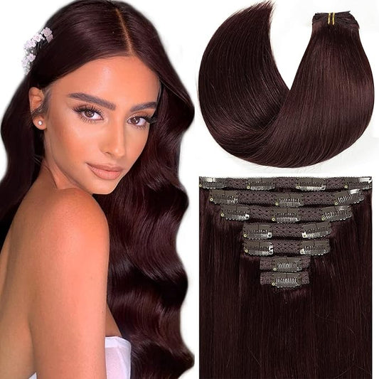 Loxxy 20Inch Seamless Clip In Human Hair Extensions 9A Grade Remy Human Hair Red Wine Color #99J Double Weft Silky Straight Natura Human Hair Thick Silky Straight Hair 7pcs 140 Gram