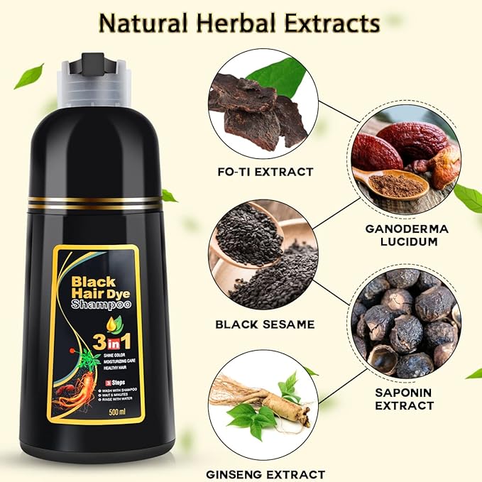 Black Hair Dye Shampoo 3 in 1 for Gray Hair Coverage, Color Shampoo for Women and Men, Instant Herbal Ingredients Hair dye (16.9 Fl oz)