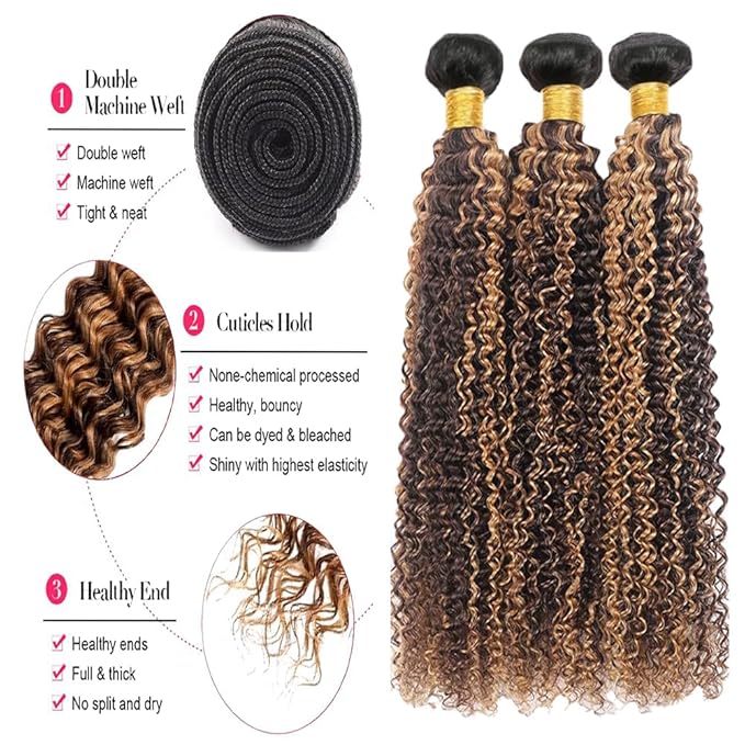 P427 Curly Bundles Human Hair Highlight Curly Bundles Brown and Blonde Double Weft Brazilian Human Hair Extensions Soft and Silky for Black Women 22 24 26 Inch