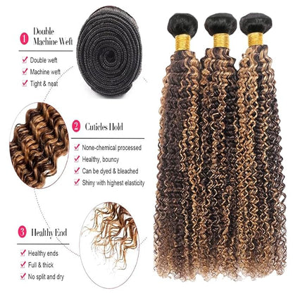 P427 Curly Bundles Human Hair Highlight Curly Bundles Brown and Blonde Double Weft Brazilian Human Hair Extensions Soft and Silky for Black Women 22 24 26 Inch