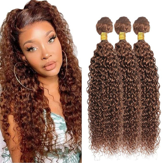 Light Brown Human Hair Bundles Color #30 Water Wave Bundle Light Brown Human Hair 3 Bundles 24 26 28 Inch Niegmeag Double Weft Remy Color #30 Bundle