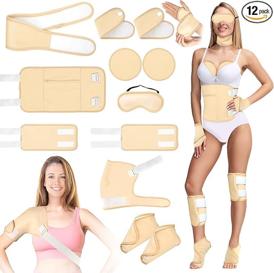 Castor Oil Pack Wrap, 12 Pcs Reusable Castor Oil Pack Kit Organic Cotton for Shoulder Hands Neck Waist Chest Knees and Feet, Adjustable Compress Pads for Entire Body