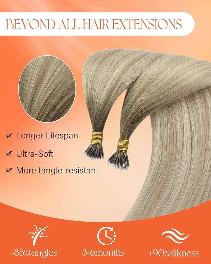 Sunny Hair Nano Hair Extensions Human Hair Ash Blonde Balayage Platnum Blonde Hair Extensions Nano Bead 20inch Nano Loop Natural Looking 50g