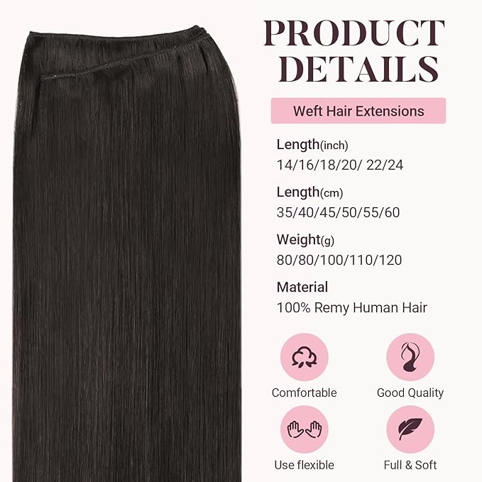 MAXITA Sew in Hair Extensions Real Human Hair, Weft Hair Extensions Human Hair, #2 Dark Brown 18 inch 100g Double Weft Remy Silky Sew in Weft Hair Extension Human Hair
