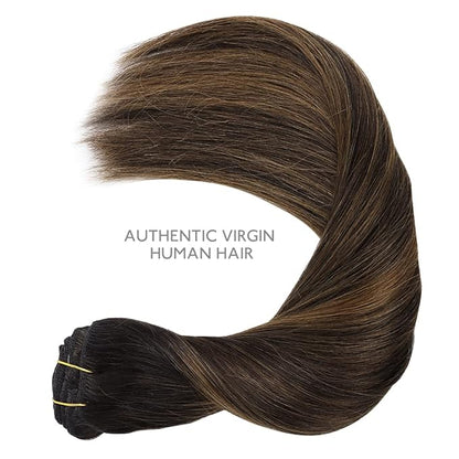 WENNALIFE Clip in Hair Extensions Real Human Hair, 20 Inch 120g 7pcs Dark Brown to Chestnut Brown Balayage Remy Hair Double Weft