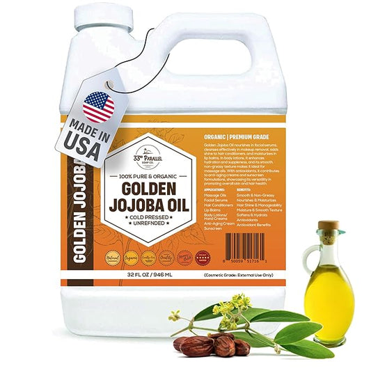 33rd PARALLEL | Golden Jojoba Oil (32 oz) Cold Pressed & Unrefined; Non-GMO; 100% Pure & Natural Hexane Free | Moisturizing Oil for Skin, Face, Hair & Nails | 32 FL OZ