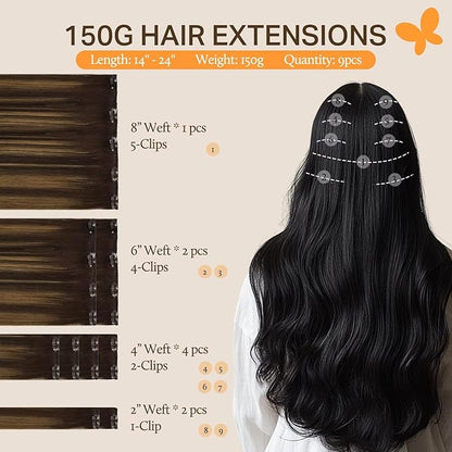 DOORES Clip in Hair Extensions Real Human Hair, Balayage Dark Brown to Chestnut Brown 24 Inch 9pcs 150g, Clip in Remy Extensions Natural Thick Straight Weft
