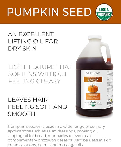 velona Pumpkin Seed Oil USDA Certified Organic - 64 Fl Oz | 100% Pure and Natural Carrier Oil | Unrefined, Cold Pressed | Cooking, Face, Hair, Body & Skin Care | Use Today - Enjoy Result