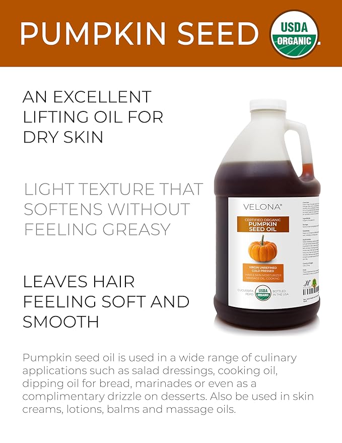 velona Pumpkin Seed Oil USDA Certified Organic - 1 Gallon / 128 Fl Oz | 100% Pure and Natural Carrier Oil | Unrefined, Cold Pressed | Cooking, Face, Hair, Body & Skin Care | Use Today - Enjoy Result