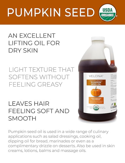 velona Pumpkin Seed Oil USDA Certified Organic - 1 Gallon / 128 Fl Oz | 100% Pure and Natural Carrier Oil | Unrefined, Cold Pressed | Cooking, Face, Hair, Body & Skin Care | Use Today - Enjoy Result