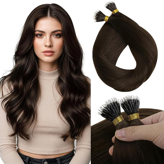 Sunny Hair Nano Bead Hair Extensions Human Hair Brown Nano Ring Hair Extensions Dark Brown Remy Hair Nano Tip Extensions Real Human Hair for Natural Look 50G 20Inch