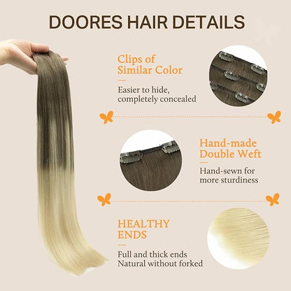 DOORES Clip in Hair Extensions, Ash Brown to Platinum Blonde 135g 7pcs 16 Inch, Remy Silky Hair Extensions Clip in Human Hair Natural Straight Weft Gift