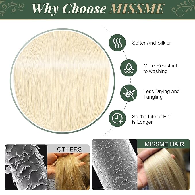Missme Tape in Hair Extensions Human Hair 20 inch 20 Pcs 50g #60 Platinum Blonde Tape ins Human Hair Extensions Remy Hair Skin Weft Seamless Invisible Silky Straight Thick Ends Add Length