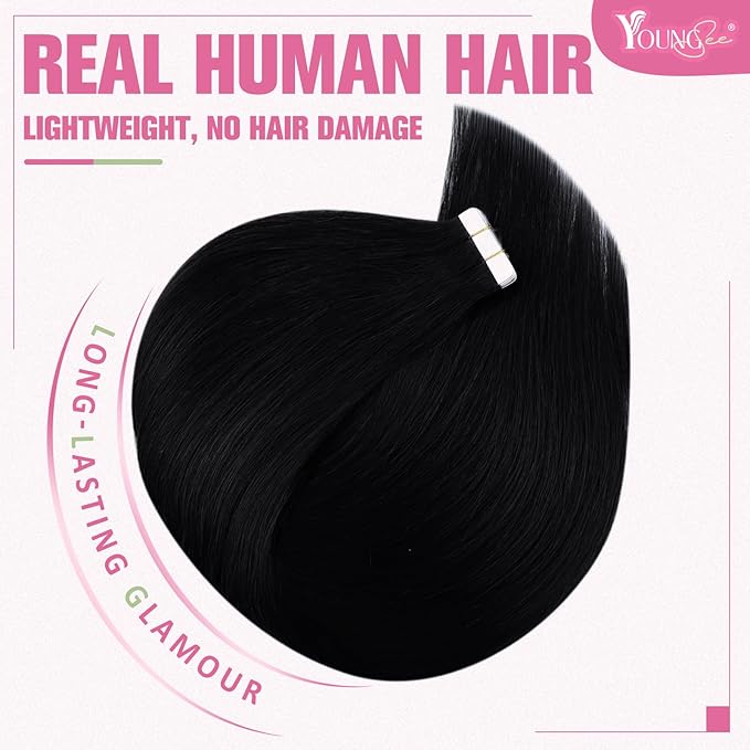 YoungSee Tape in Hair Extensions Human Hair Black Tapein Hair Extensions Real Human Hair Jet Black 20pcs 50g Black Human Hair Tape in Extensions Silky Straight 18 Inch Remy Hair Extensions Seamless