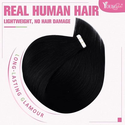 YoungSee Tape in Hair Extensions Human Hair Black Tapein Hair Extensions Real Human Hair Jet Black 20pcs 50g Black Human Hair Tape in Extensions Silky Straight 18 Inch Remy Hair Extensions Seamless
