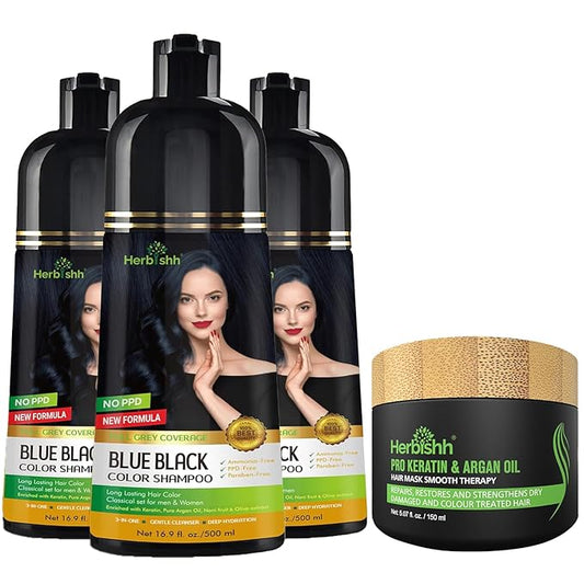 Herbishh Blue Black 3 in 1 Hair Dye Shampoo (Pack of 3) 16.9 FL Oz Each and Pro Keratin Argan Oil Hair Mask 5.07 Fl Oz Combo for Dry Damaged Hair 150 ML - Long Lasting Grey Hair Color for Women