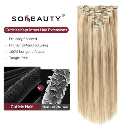 Clip in Hair Extensions Real Human Hair, Silky Remy Hair Extensions Clip Ins, Salon Quality Natural Human Hair, Light Blonde Highlighted Golden Blonde #P16/22 18Inch 120G 7PCS