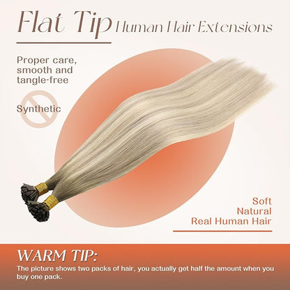 Sunny Hair Flat Tips Hair Extensions Blonde Keratin Hair Extensions Human Hair Balayage Cool Ash Grey Ombre Platinum Blonde Pre Bonded Hair Extensions Flat Tip 18inch 50g 50s