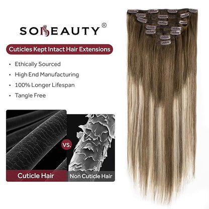 Clip in Hair Extensions Real Human Hair, Silky Straight Remy Hair Extensions for Women, Balayage Walnut Brown to Ash Brown and Bleach Blonde #3TP8/613 18Inch 120G 7PCS