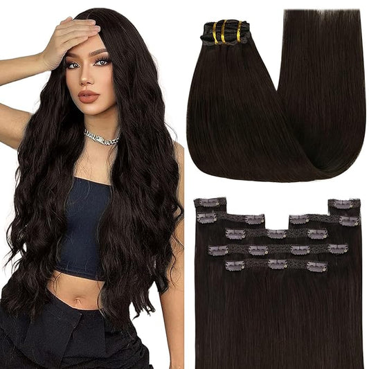 YoungSee 150G Clip in Human Hair Extension Brown Clip in Extensions Real Human Hair Darkest Brown Blendable for Natural Look 20Inch 7Pcs