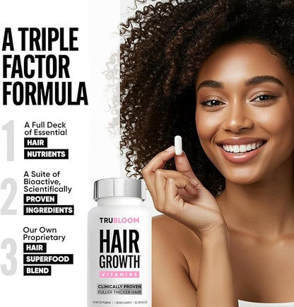 Tru Bloom Hair Growth Vitamins - 1 Month Supply. Clinically Proven to Grow Fuller, Thicker Hair. Natural & Drug-Free with Biotin, MSM, Zinc, D3 + Hair Superfoods. Non GMO