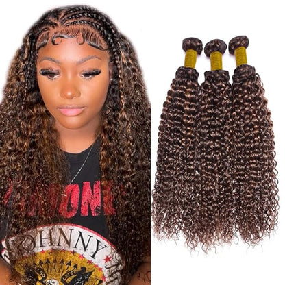 1B/30 Human Hair Bundles Highlight Curly Wave Bundle 26 28 30 Inch Brown Kinky Curly Bundles Human Hair Silky Soft Unprocessed Brazilian Remy Hair Extensions 3Pcs/Set Deals