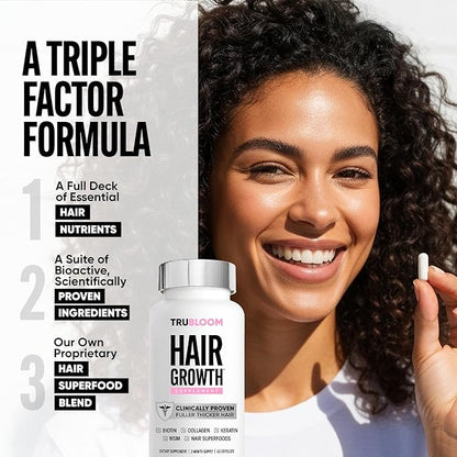 Tru Bloom Hair Growth Vitamins - 2 Month Supply. Clinically Proven to Grow Fuller, Thicker Hair. Drug-Free with Biotin, Collagen, Keratin, MSM, Zinc, D3 + Hair Superfoods