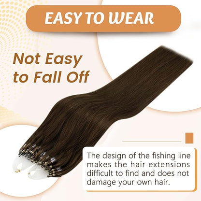RUNATURE Real Hair Micro Loops Extensions Dark Brown Pre Bonded Human Hair Extensions Micro Rings Brown Microbeads Hair Extensions Human Hair 22 Inch 50g/50s