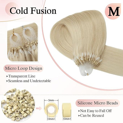 Micro Link Hair Extensions Human Hair for Women - Silky Straight Natural Bead/Loop/Ring Extensions - 50g/100 Stands 14" Platinum Blonde