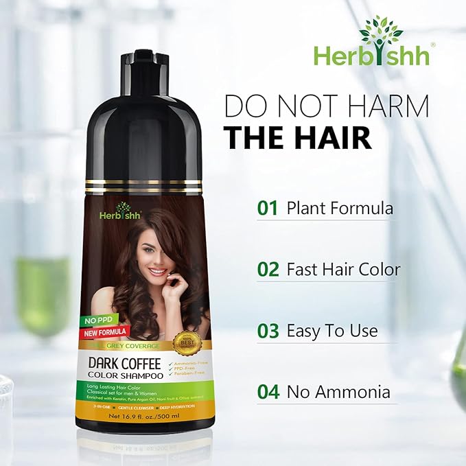 Herbishh Hair Color Shampoo for Gray Magic Dye Colors in Minutes Long Lasting 500ml 3-In-1 Color Ammonia-Free (Dark Coffee)