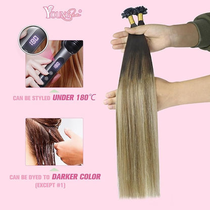 YoungSee K Tip Hair Extensions Real Human Hair Balayage Ktip Extensions Ombre Dark Brown Roots to Blonde K Tips Human Hair Extensions for Long Hair 24Inch 50s/50g Pre Bonded Hair Extensions Add Length