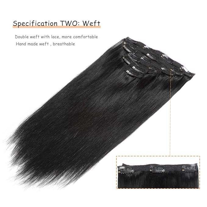 Caliee 16Inch Hair Extensions Clip in Human Hair Silky Straight Hair Invisible Double Weft for Women Full Head Seamless Hair Extensions Clip in 120G Color 1 Jet Black