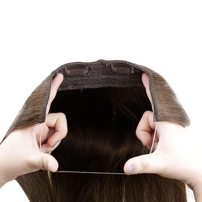 RUNATURE Invisible Wire Hair Extensions Real Human Hair, Straight Brown Hair Extensions with Transparent Fish Line Adjustable Size, Tangle-free, 14 Inch 70g #4 Chocolate Brown
