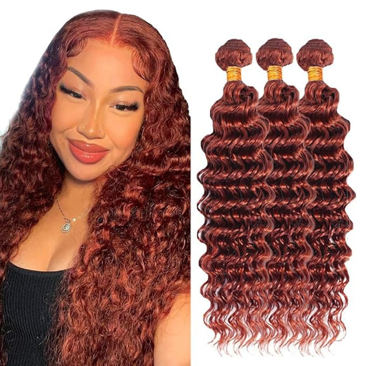 Color 33 Bundles Reddish Brown Deep Wave Human Hair Bundles 26 28 30 Inch Copper Brown Deep Curly Bundles Double Weft Unprocessed Brazilian Virgin Copper Red Hair Extensions Silky and Soft