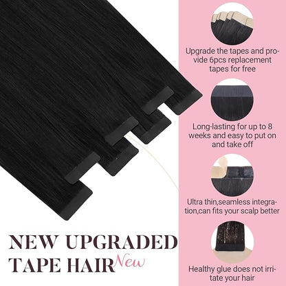 MAXITA Tape in Hair Extensions Human Hair 1B Natural black 24inch 50g 20pcs Thick Ends Straight Seamless Tape ins invisible seamless Real Human Hair Extensions for Women