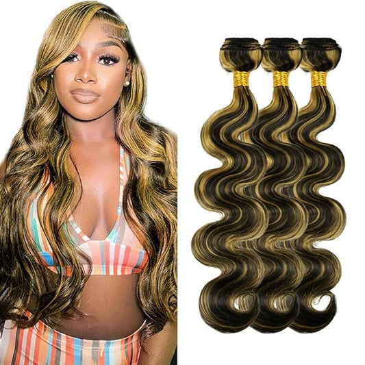 Blonde Human Hair Bundles Highlight Body Wave Bundle 26 26 26 Inch Niegmeag Virgin Remy P1B/27 Bundle Double Weft 2 Tone Black and Blonde Bundles