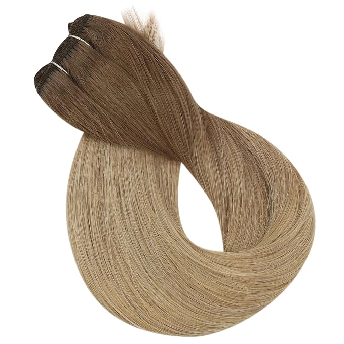 Full Shine Weft Hair Extensions Human Hair Weft Extensions Remy Straight Hair Sew In Hair Extensions Balayage Golden Brown To Dirty Blonde Straight Human Hair Bundles For Women 22 Inch 105G