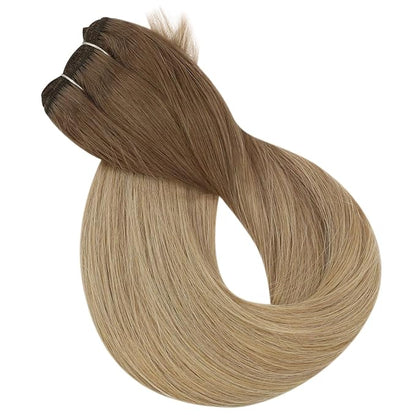 Full Shine Weft Hair Extensions Human Hair Weft Extensions Remy Straight Hair Sew In Hair Extensions Balayage Golden Brown To Dirty Blonde Straight Human Hair Bundles For Women 22 Inch 105G