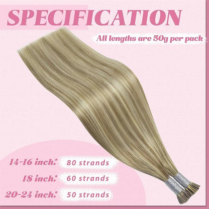 YoungSee I Tip Hair Extensions Human Hair Brown I Tips Hair Extensions Real Human Hair Light Brown with Blonde Highlight Tip Hair Extensions Real Human Hair Short Hair Extensions 14 Inch 80s 50g