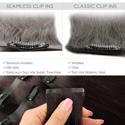 WENNALIFE Seamless Clip In Hair Extensions, 20 Inch 150g 7pcs Dark Brown Hair Extensions Clip in Human Hair Invisible PU Skin Weft Natural Remy Human Hair Extensions