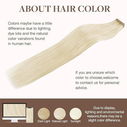 GOO GOO Tape in Hair Extensions Human Hair, 1000 Pure Platinum Blonde, 22inch 50g 20pcs, Skin Weft Seamless Invisible, Silky Straight with Thick Ends, Remy Human Hair