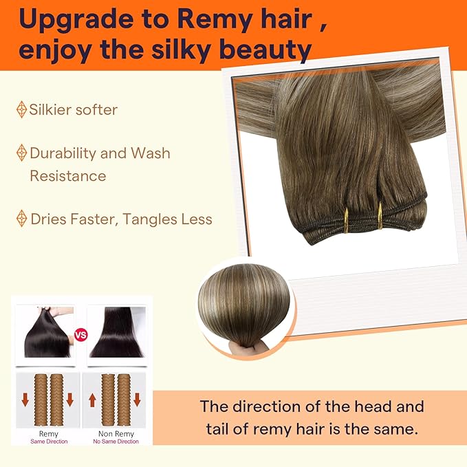 Full Shine Hair Extensions Sew in Extensions Real Human Hair Color Light Brown To Platinum Blonde Mix Brown Human Hair Bundles Weft Human Hair Extensions For Women 16 Inch