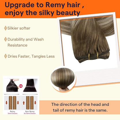 Full Shine Hair Extensions Sew in Extensions Real Human Hair Color Light Brown To Platinum Blonde Mix Brown Human Hair Bundles Weft Human Hair Extensions For Women 16 Inch